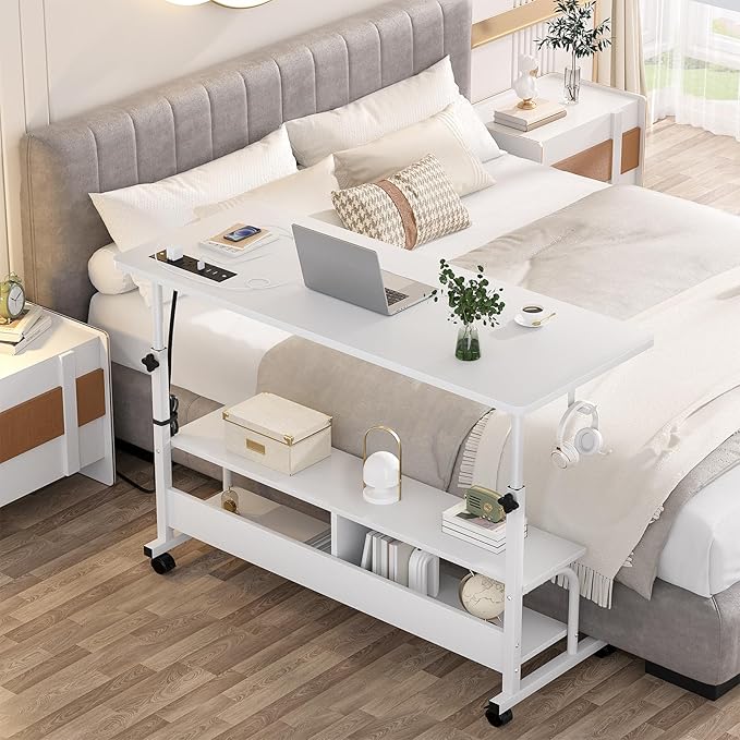 47" Rolling Standing Desk with Charging Station for Couch Bed | Height Adjust 27.5-41", 2 AC/3 USB, Mobile 4 Lockable Wheels, 2-tier Shelves Hook, Safe Corner Fast Assembly - Image 7