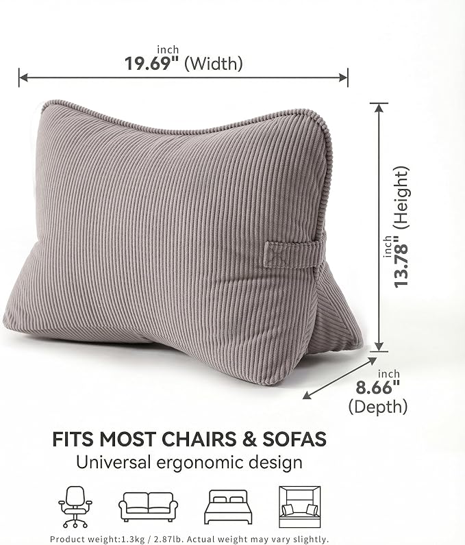 Pat. Pend. Corduroy Lumbar Support Pillow for Watching TV, Reading & Gaming, Triangle Cushion for Sofa, Armchair, Couch or Bed, Removable Washable Cover, Light Gray - Image 5