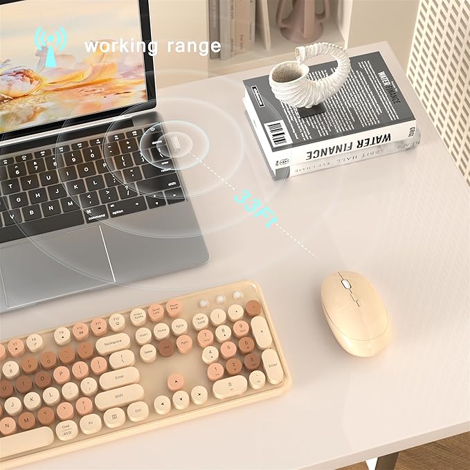 MPTOG Wireless Computer Keyboard and Mouse Combo (Milk-Tea Colorful) | Retro Round Typewriter Keycaps, Power Switch, Ergonomic Design, 2.4GHz Wireless for Windows, Mac, PC - Image 4