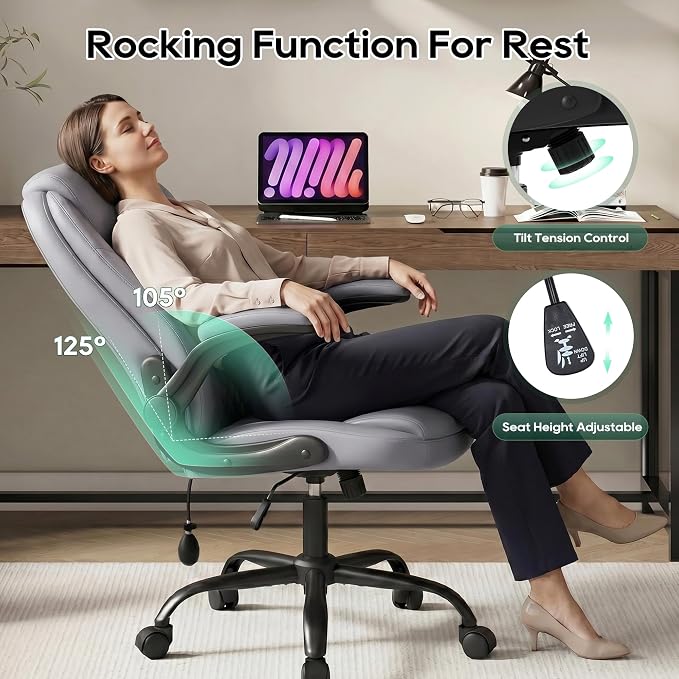 MALOL Leather Office Chair with Adjustable Lumbar Support Set of 2, Grey | Computer Desk Chair with Thick Cushion, Flip-Up Arms and Ergonomic Back, Comfy Executive Office Chair for Home Office Gaming - Image 10