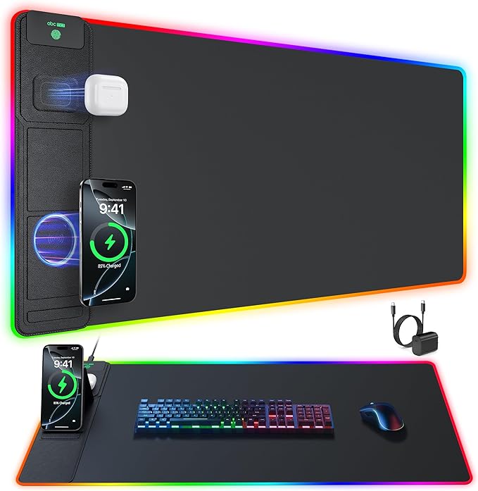 Wireless Charging Mouse Pad with Phone Stand, 31.5"x15.8" Large | Gaming Mousepad RGB Desk Mat, Smooth Glide, Stitched Edge, Non-Slip Rubber Base, Waterproof Keyboard Mat, with Adatper by abcmat