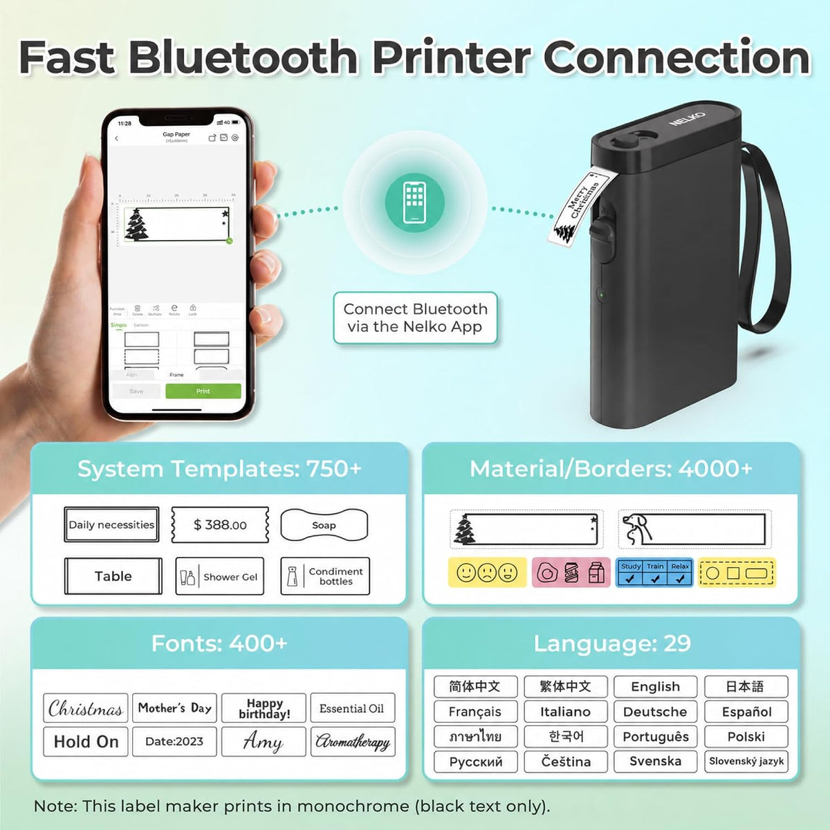Nelko P21 Label Maker Machine with Tape, Bluetooth Label Printer, Black - Image 2