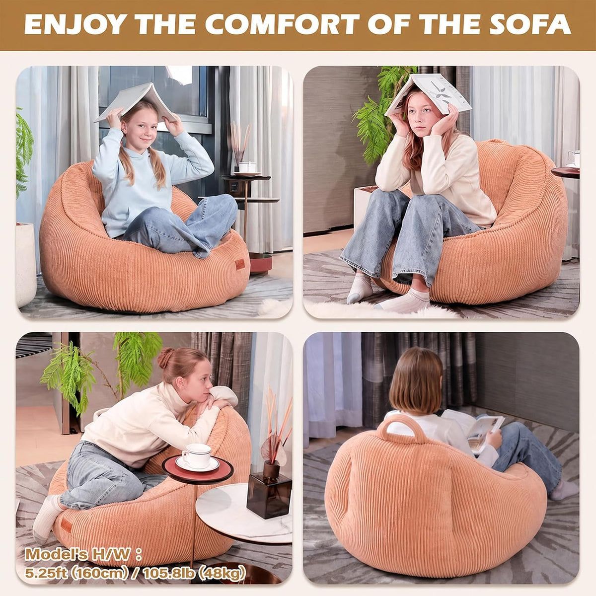 Bean Bag Chair, Cozy Fluffy Beanbag Chairs with Filler for Teens and Kids, Floor Lazy Sofa for Living Room Gaming & Reading (S-Peachpink) - Image 4