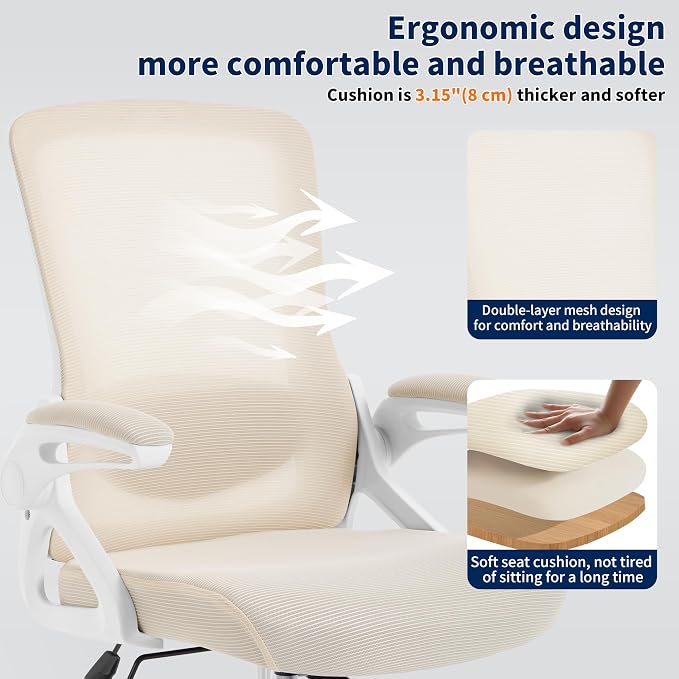 Ergonomic Office Chair Desk Chair with Adjustable Lumbar Support | Mesh Computer Chair Home Office Desk Chair with Flip-up Armrests Executive Task Chair Comfy Mesh Gaming Chair (Buff Beige) - Image 6