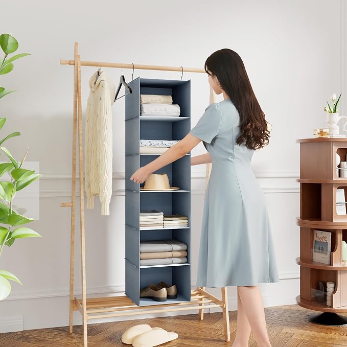 Hanging Closet Organizer 6-Shelf, Oxford Fabric Wardrobe Storage, Gray | Easy-mount foldable design holds clothes, handbags, shoes & accessories; washable Oxford fabric, sturdy and space-saving. - Image 2