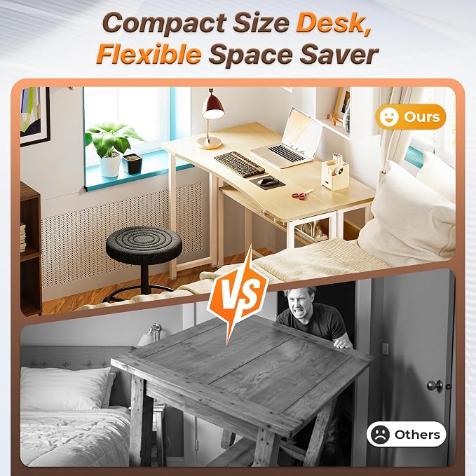 Huuger Folding Desk with Storage Shelf, 39.3 Inch Foldable Computer Table | Writing Work Office Computer Desk for Small Spaces, Space Saving Sofa Table for Couch, Easy to Fold, Oak - Image 3