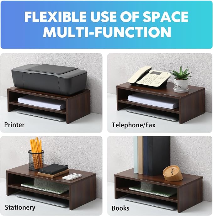 FITUEYES Wooden Monitor Stand Riser, 2-Tier Desk Storage Shelf, Brown | 16.7-Inch Desktop Organizer Fits Laptop, Computer Screen and Office Supplies - Image 5