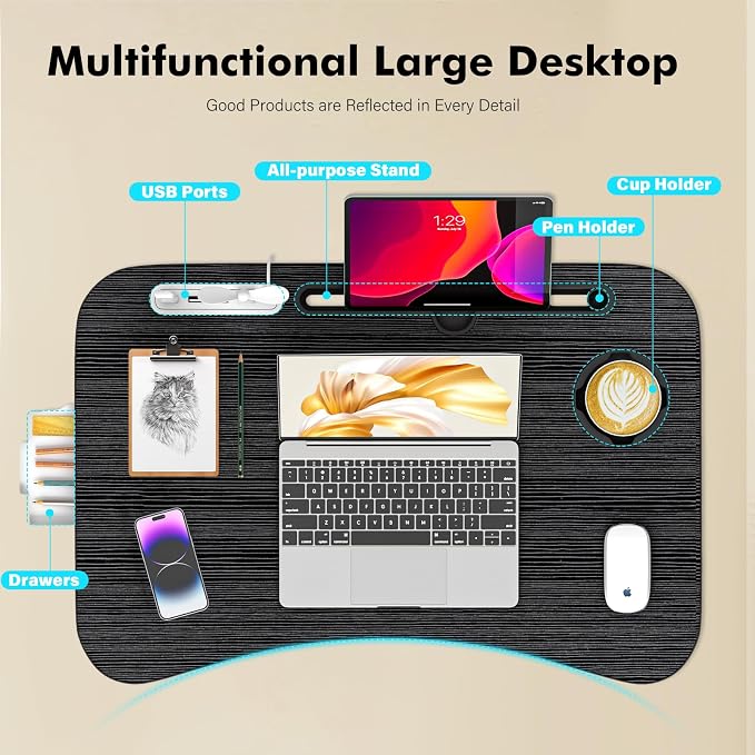 Lap Desk for Bed Adjustable Height, Foldable Bed Table with Storage Drawer, Tablet Slot & Cup Holder, Portable Laptop Stand for Bed & Sofa, Bed Desk for Adults & Kids, Black - Image 5