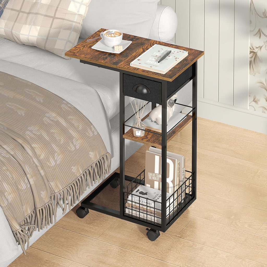 3-Tier Side Table with Wheels and 360° Rotation, C Table with Drawer, End Table for Couch, Space Saving Small Desk for Narrow Space, TV Tray, Vintage Bedside Table for Living Room, Bedroom - Image 7