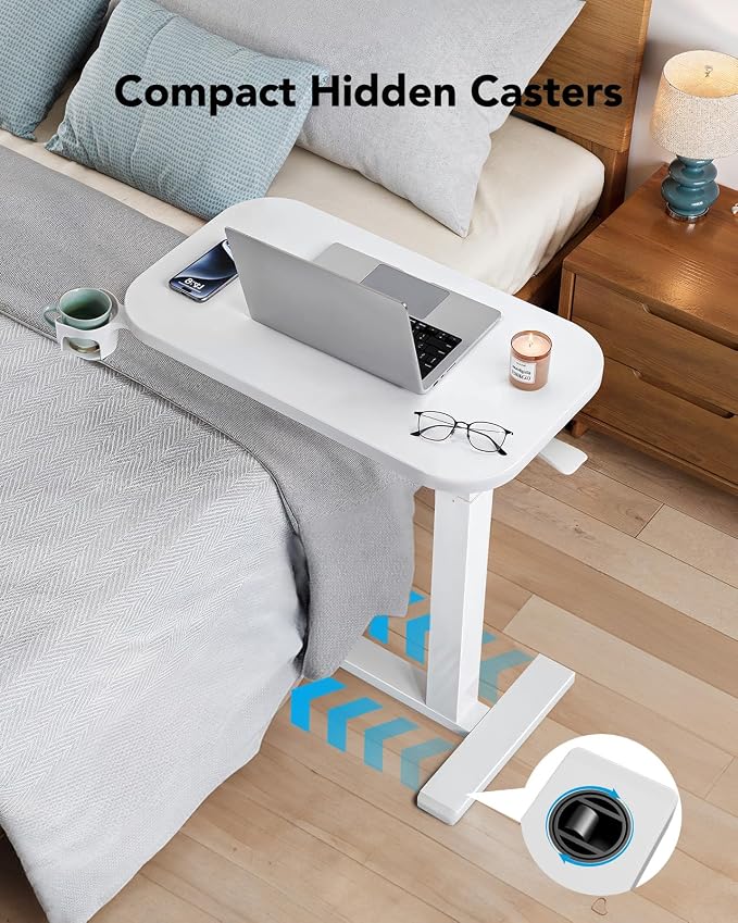 HUANUO 28Inch Bedside Table with Wheels, Height-Adjustable Rolling Computer Cart, Overbed Table with Cup Holder, Pneumatic Laptop Standing Desk for Home Office, White - Image 4