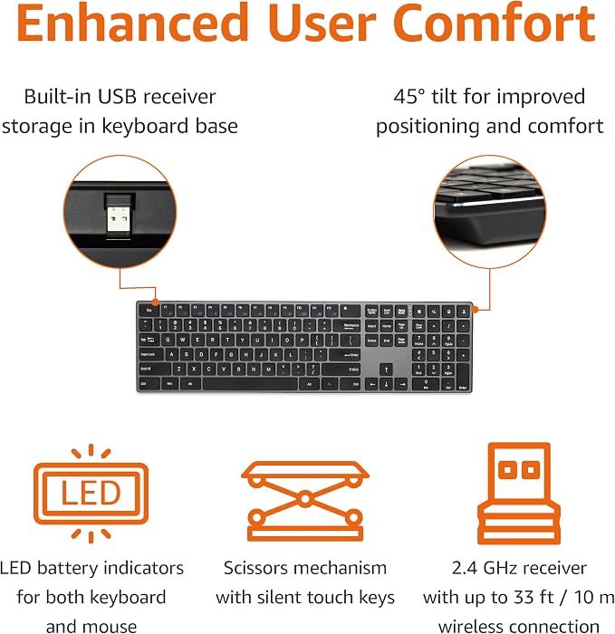 Amazon Basics Ultra Premium Wireless Keyboard and Mouse Combo, Rechargeable, Full-Size with Number Pad, Sleek Design, Plug and Play, Quiet Typing, 2.4GHz USB Receiver, Black - Image 3