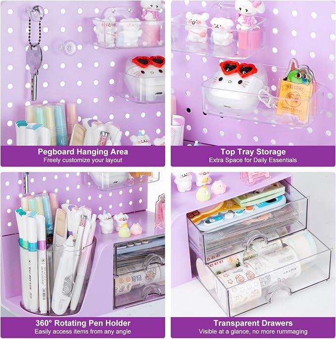 Comix Desk Organizer with 2 Drawer, Purple 360 Rotating Pen Holder for Desk | Desk Organizers and Accessories with 5 Slots Pencil Holder+Pegboard+Drawer, Pen Organizer for Home School Art Office Supplies - Image 4