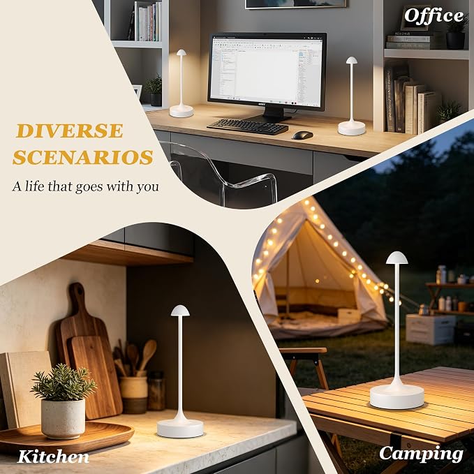 Kakanuo Rechargeable Cordless Table Lamp, Battery Operated Lamps, 3-Color Stepless Dimming, Portable Wireless Desk Lamp, LED Lighting for Dining Room, Restaurant, Office, Bar, Home(White 2 Pack) - Image 7