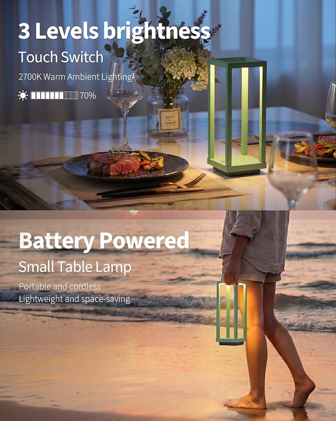 PUSU Cordless Waterproof Table Lamps Set of 2, Green LED Outdoor Desk Lamp | Rechargeable 4000mAh Battery Operated, 2700K 3-Level Dimmable, Portable Lighting for Patio, Camping, Bedroom, Night Light - Image 4