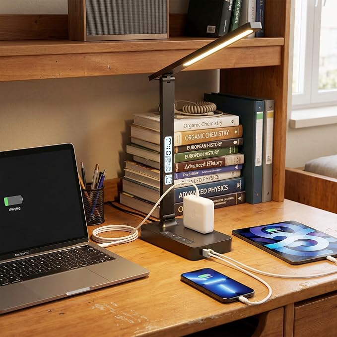Infiway Desk Lamp with USB Charging Port: LED Stepless Dimmable Eye Caring Desk Light for Home Office - 1 Type-C, 1 USB-A Charging Port, 2 AC Power Outlets, Multiple Light Modes for Study and Bedroom - Image 9