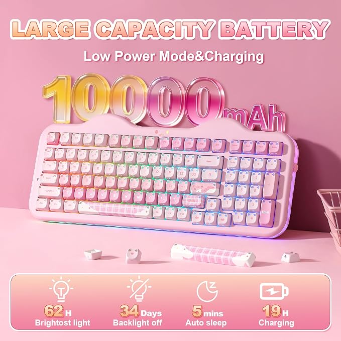 YUNZII C98 Cute Wireless Mechanical Keyboard(Pink Mao, Candy Switch) | Cake Keyboard,99 Keys with Number Pad, MAO Keycaps, BT5.0/2.4G/USB-C,Hot Swap, Gasket Mount, Custom RGB Backlight for Win/Mac - Image 6