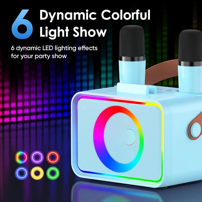 Karaoke Machine for Kids Adults,Portable Bluetooth Speaker with 2 Wireless Microphone with LED Lights, Karaoke Microphone with PA System Supports USB/TF/AUX,Gift for Party(Black) (Blue) - Image 4