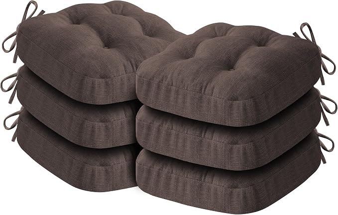 IASEAHK Chair Cushions for Dining Chairs, Dining Chair Cushions, Tufted Indoor Chair Pads with Ties & Non Slip Backing, Seat Cushions for Kitchen Chairs 16.5” x 16.5” x 3.5”, Set of 6, Brown by IASEAHK