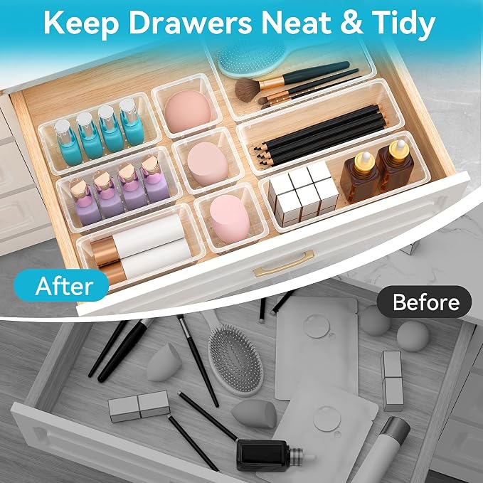 24 PCS Drawer Organizer Set, Makeup Organizers, Tool Storage Trays | 4 Sizes, Plastic, Stackable, Multiple Gadgets, Desk Drawer Divider Organizers, for Makeup, Office Supplies Storage - Image 7