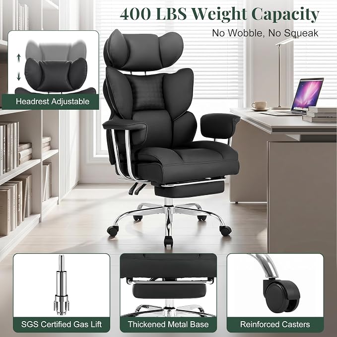 Big and Tall Office Chair 400 LBS, for Adults, Home Office | PU Leather, Executive Ergonomic Desk Chair with Footrest, Lumbar Support, Wide Seat ,Reclining, Black - Image 7