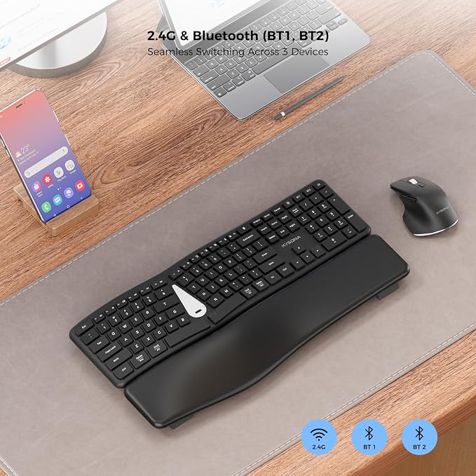 Ergonomic Keyboard Mouse Wireless Combo, Full Size Bluetooth Split Keyboard with Wrist Rest, 4 Level DPI Ergo Mouse for Windows Mac OS Computer, Black - Image 2