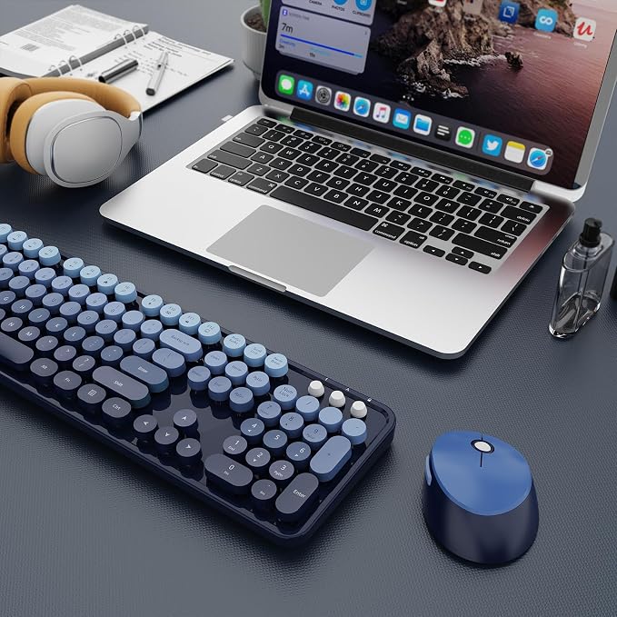 Wireless Keyboard and Mouse Combo, Ergonomic Full Size Typewriter Retro Round Keycaps Keyboard, Compatible with Windows, PC, Perfer for Home and Office Keyboards (Twilight Blue - Image 8