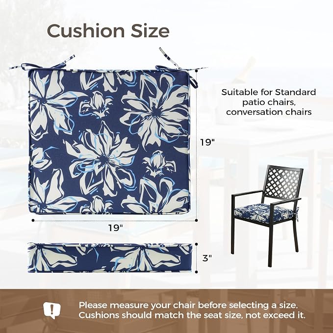 UNIKOME Outdoor Chair Cushions Set of 4, Water Resistant Patio Seat Cushions with Ties for Outdoor Furniture, High-Density Foam, UV & Fade Resistant, Piped Edge – 19" x 19" x 3", Blue-White Flower - Image 2