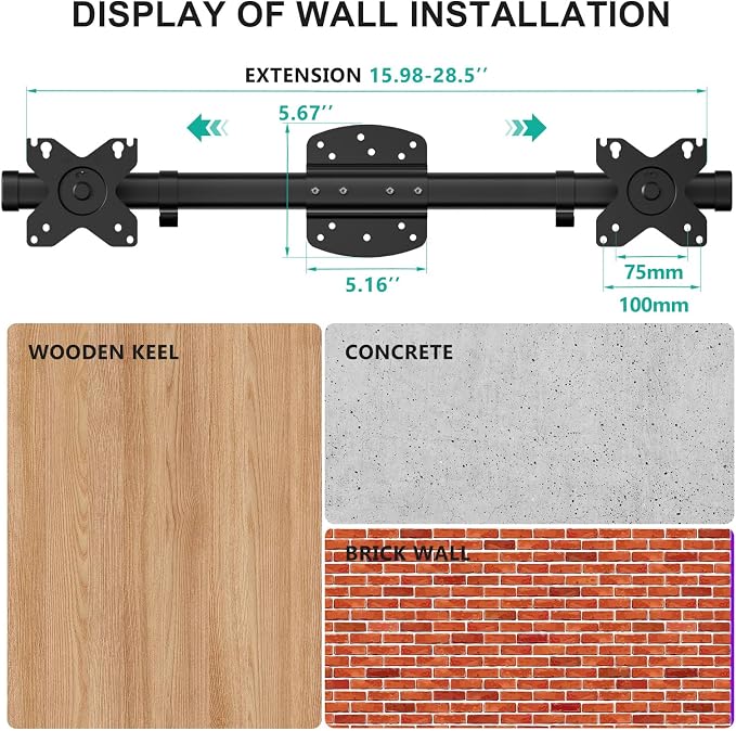 WALI Dual Monitor Wall Mount for 13-27 inch Screens, up to 22lbs | Wall Mount Monitor Arm, Horizontal Assembly, Full Motion with Tilt, Swivel, Rotation, VESA Mount 75/100mm (012ARM), Black - Image 9