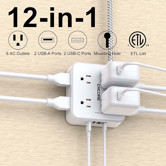 Surge Protector Power Strip - CHCORE 6Ft Braided Extension Cord with 8 Outlets with 4 USB (2 USB C) Charging Ports, Flat Plug Multi Plug Outlet Extender Charging Station for Home Office, ETL, White - Image 2