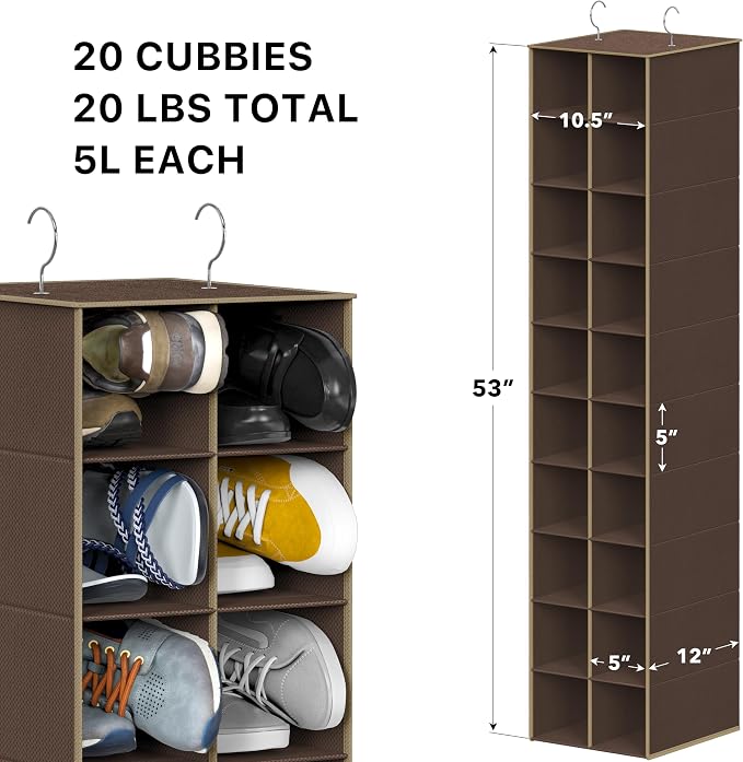 Simple Houseware 20 Section Shelves Hanging Shoes Organizer, Brown | Dual Metal Hooks, 10 Tier, Holds Up to 20 lbs, for Narrow Space - Image 3