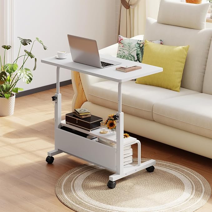 DUMOS Rolling Desk, Storage Shelves, Laptop Table, Home Office | Height Adjustable Design, Computer Desks on Wheels, Portable for Small Spaces Use, White - Image 2