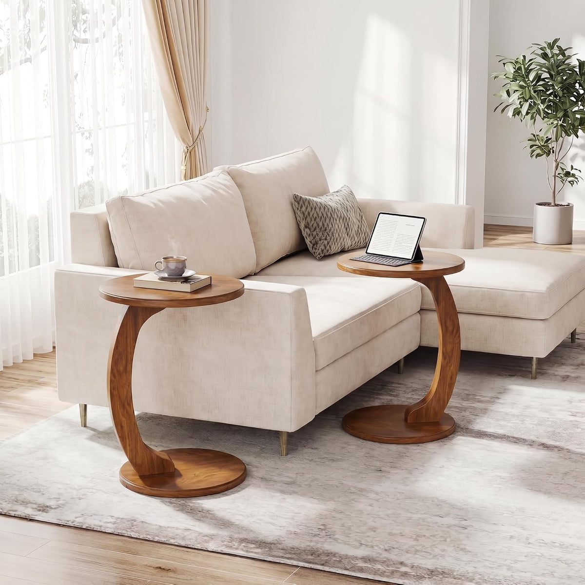 Tribesigns C Shaped End Table Set of 2, Round Wood Side Table, Mid-Century Modern Style, Heavy Base, for Living Room, Bedroom, Small Space, Brown - Image 3