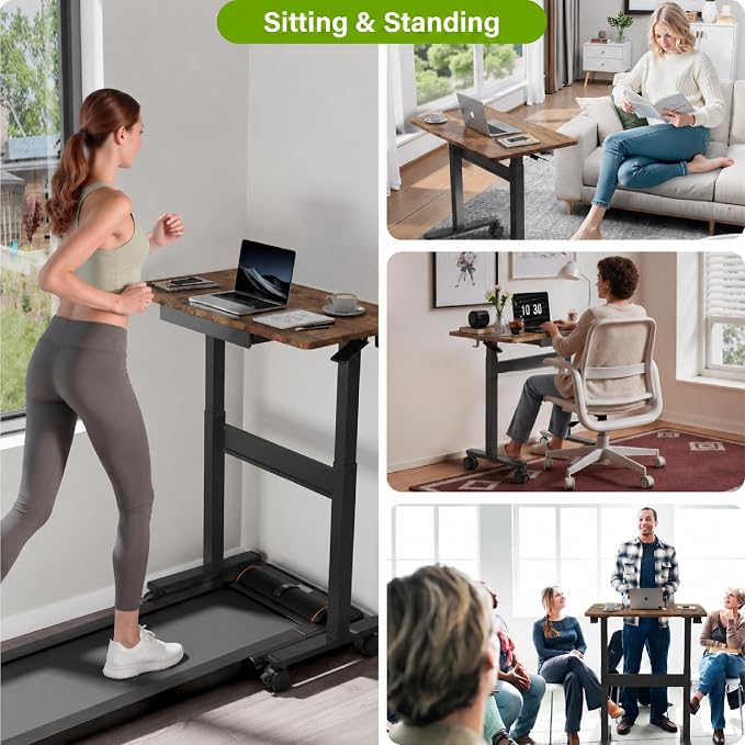 35" Pneumatic Standing Desk for Walking Pad with Wheels Drawer, Dark Wood | Height Adjustable Rolling Desk, Mobile Computer Workstation with Hook Locking Casters for Treadmill & Home Office - Image 2
