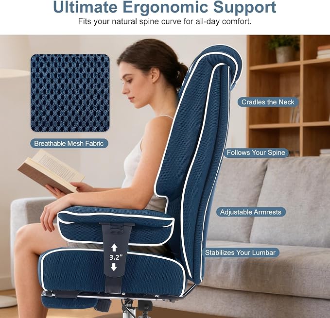 EXCEBET Big and Tall Executive Office Chair 400lbs Wide Seat, Mesh Grey | Retractable footrest, 135° recline, Lumbar support, Ergonomic high back, Breathable mesh, Thick cushion, Padded armrests - Image 5