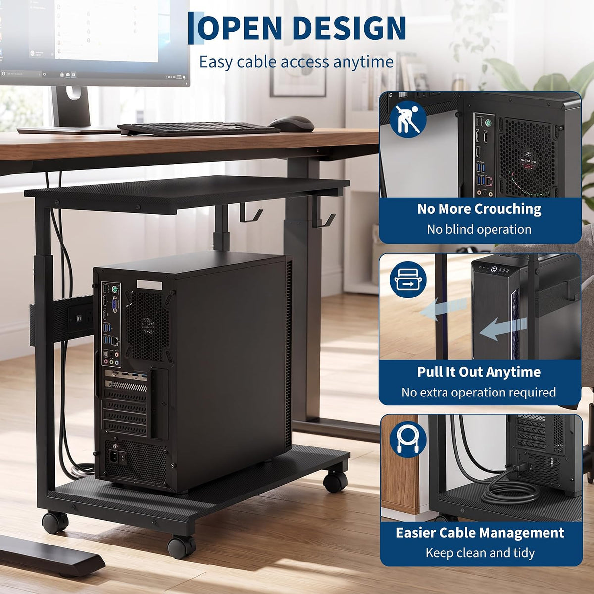 Garvee Adjustable Computer Tower Stand with Charging Station, 23"-33.5" PC Cart for Gaming Setups - Image 5