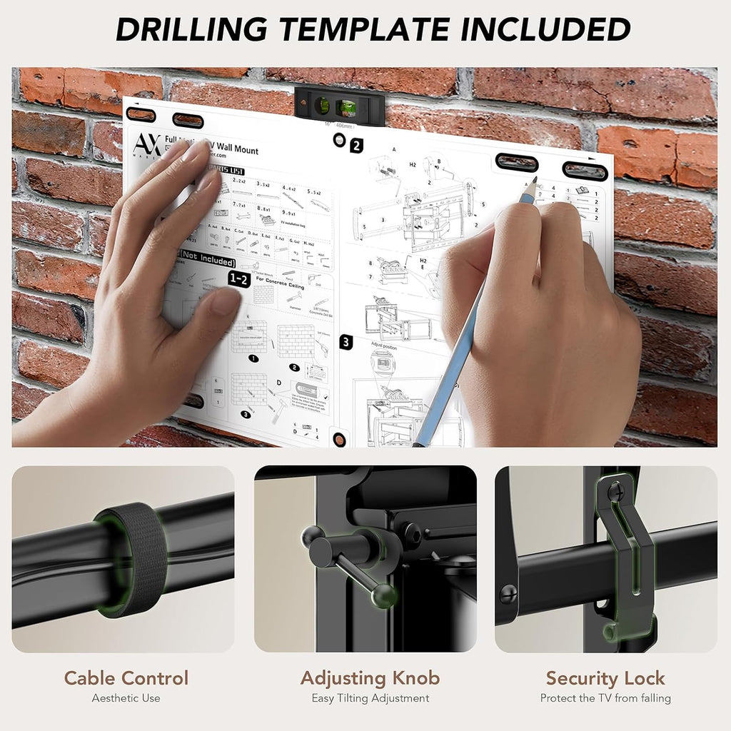 Full Motion TV Wall Mount Bracket with Power Outlet for Most 32-85 inch TV,TV Mount Dual Articulating Arms,Tilt/Swivel/Extension/Leveling,Fits 8” 12” 16" Studs,Max Vesa 600x400mm, Holds up to 132lbs - Image 8