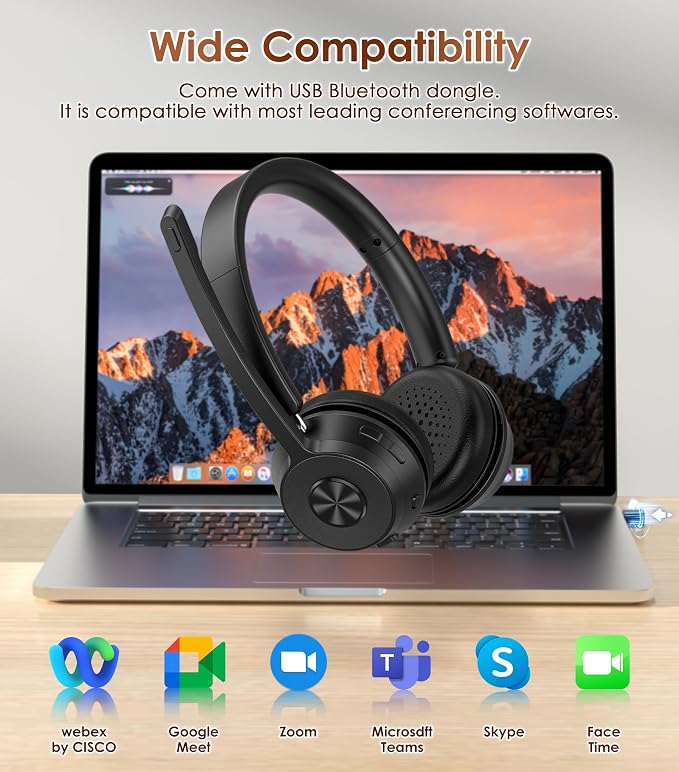 Wireless Headset with Mic for Work, Bluetooth Headset with Noise Cancelling | Headphones with Microphone Mute & USB Dongle for PC/Computer/Laptop/Cell Phones/Remote Work/Call Center (Black) - Image 5