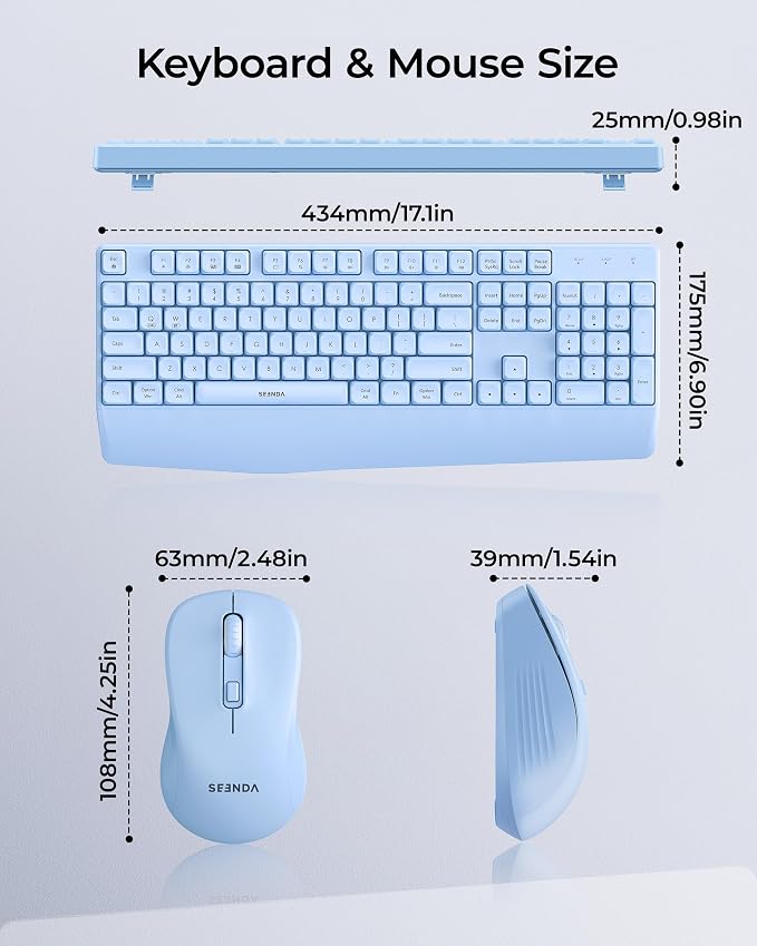 seenda Wireless Bluetooth Ergonomic Keyboard Mouse Combo, Full Size, Blue | USB/Bluetooth multi-device switching, with wrist rest, number pad, and quiet operation for PC, laptop, Mac, MacBook, and iPad - Image 6