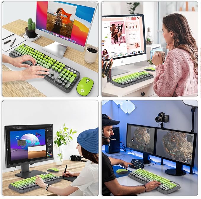 Wireless Keyboard and Mouse Combo, 104 Round Keys Cute Colorful Keyboard and Mouse with Retro Typewriter for PC Mac Laptop Tablet Computer Windows Gray Green - Image 6