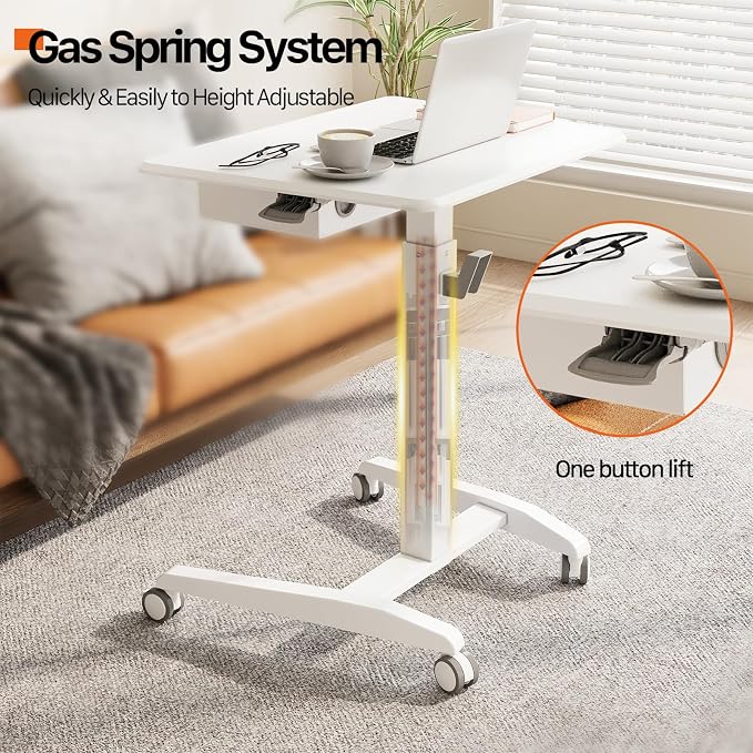 JOY worker Mobile Standing Desk with Drawer, 28" White Rolling Laptop Desk | Pneumatic Height Adjustable, Open Storage Shelf, 4 Rolling Wheels, Portable Sit Stand Desk, Holds 22lbs, Home Office School - Image 5