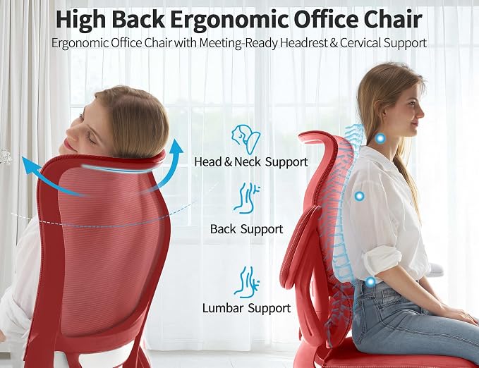 TRALT Office Chair Ergonomic Desk Chair - Gaming Chair with Lumbar Support | 330 LBS Home Office Desk Chairs , Reading Chair with Flip-up Armrests, Comfortable Computer Chairs (1, RED) - Image 8