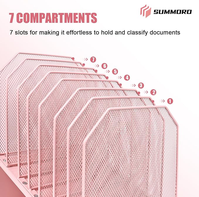 SUMMORO Inclined File Organizer for Desk, 7-Section Vertical File Holder | Office Desk Organizer Metal Rack File Folder, Wire Mesh Desktop Document Sorter, for Office School Classroom Home (Pink) - Image 6