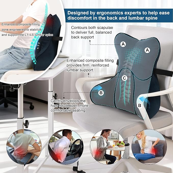 Lumbar Support Pillow(Pat. Pend) – Multi-Functional Ergonomic Back Cushion for Office Chair, Car Seat & Sofa, Reading Pillow with Firm Multi-Zone Support to Relieve Lower Back Pain,Teal Blue - Image 4
