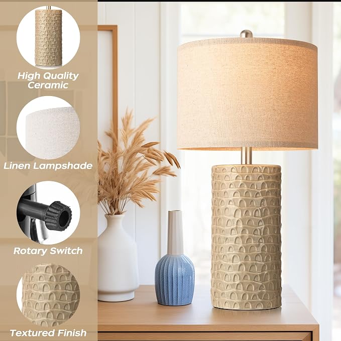 23" Modern Ceramic Table Lamp Set of 2, Table Lamps for Living Room, Rustic Farmhouse Bedside Lamps Nightstand lamp for Bedroom, Desk Lamp for End Table Home Decor Beige - Image 4