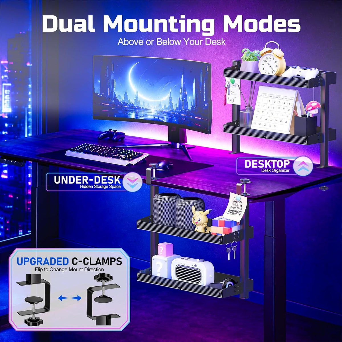 17 inch Adjustable 2-Tier Clamp On Desk Shelf with Hooks - Image 5