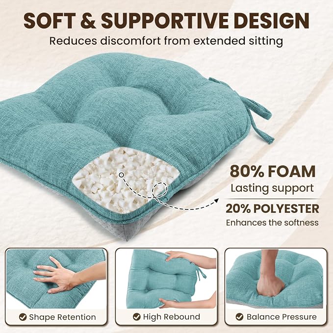 downluxe Indoor Chair Cushions for Dining Chairs, Tufted Overstuffed Textured Kitchen Chair Pads with Ties and Non-Slip Backing, 15.5" x 15.5" x 4", Aqua Blue, 4 Pack - Image 3