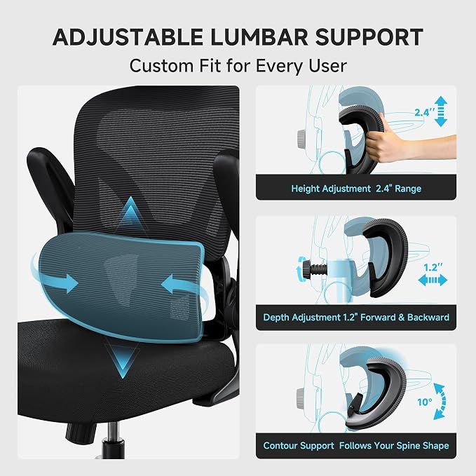 Ergonomic Office Chair, 330LBS Desk Chair with 3-Level Lumbar Support & Headrest, Breathable Mesh Backrest, Flip-Up Armrests for Home Office and Gaming, Black - Image 4