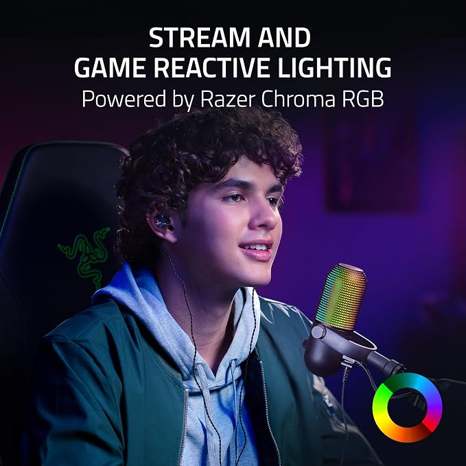 Razer Seiren V3 Chroma RGB, Stream & Game Reactive, USB Microphone, Black | Tap-to-Mute Sensor, Condenser Mic, Digital Gain Limiter & Shock Absorber, Works with OBS, Discord, Zoom, Teams - Image 2