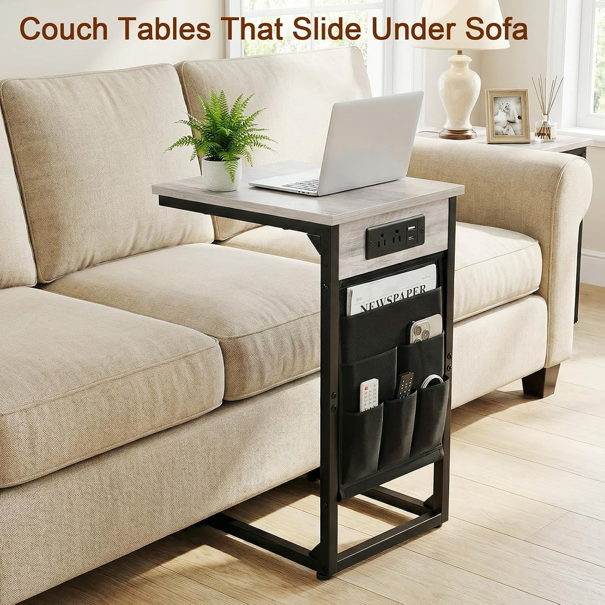 AMHANCIBLE C Shaped End Table with Charging Station, TV Tray - Image 4