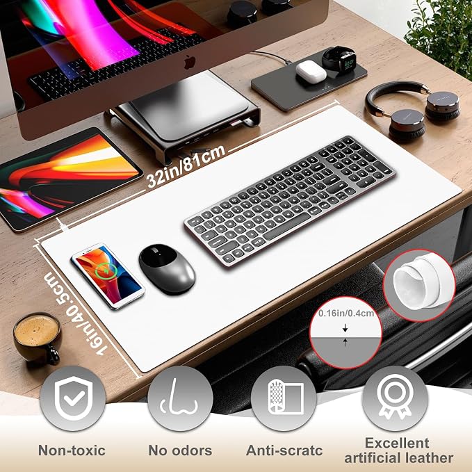 Desk Mat with Wireless Charging, White Mouse Pad with Wireless Charger, Desk Pad Matt for Desktop, Mousepad Gaming Large Mouse Pad, Leather Compute for Keyboard and Mouse, 32" x 16" - Image 6